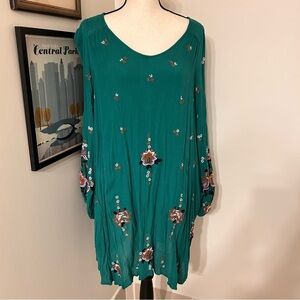 Free People Teal Floral Embroidered Long Sleeve Dress SZ S